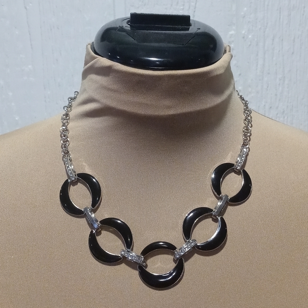 Costume jewelry necklace black and silver tone statement piece
